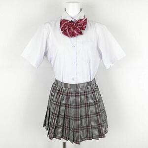 1円 ブラウス マイクロミニスカート リボン 上下3点セット 夏物 女子 学生服 中学 高校 白 制服 中古 ランクC NA7758