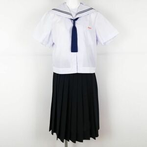 1円 セーラー服 スカート ネクタイ 上下3点セット 夏物 青2本線 女子 学生服 宮崎高鍋西中学 白 制服 中古 ランクB NA7614