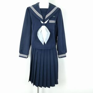 1円 セーラー服 スカート スカーフ 上下3点セット 大きいサイズ 冬物 白3本線 女子 学生服 宮崎木花中学 紺 制服 中古 ランクC NA7377