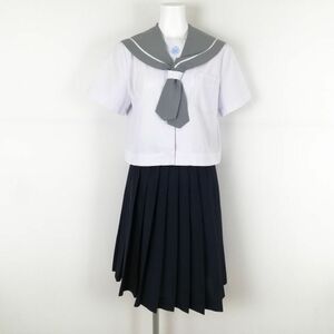 1円 セーラー服 スカート 上下2点セット 160A 富士ヨット 夏物 白1本線 女子 学生服 鹿児島鹿屋中学 白 制服 中古 ランクC NA7625