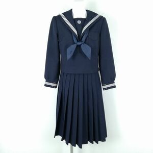 1円 セーラー服 スカート スカーフ 上下3点セット 冬物 白3本線 女子 学生服 佐賀鬼塚中学 紺 制服 中古 ランクC NA8074