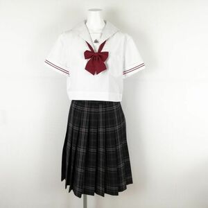 1円 セーラー服 チェックスカート リボン 上下3点セット 大きいサイズ 夏物 女子 学生服 中学 高校 白 制服 中古 ランクC NA8213