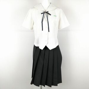 1円 セーラー服 チェックスカート 紐タイ 上下3点セット L トンボ 夏物 女子 学生服 宮崎東中学 白 制服 中古 ランクC NA8319