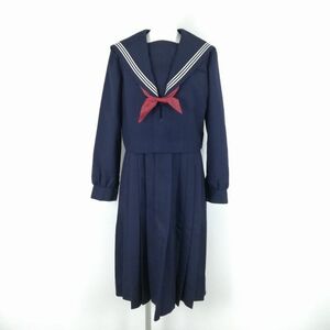 1 jpy sailor suit jumper skirt scarf top and bottom 3 point set large size winter thing white 3ps.@ line woman school uniform middle . high school navy blue used rank C NA7834