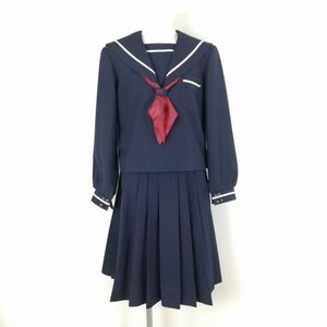 1円 セーラー服 スカート スカーフ 上下3点セット 冬物 白1本線 女子 学生服 宮崎西中学 紺 制服 中古 ランクC NA7706