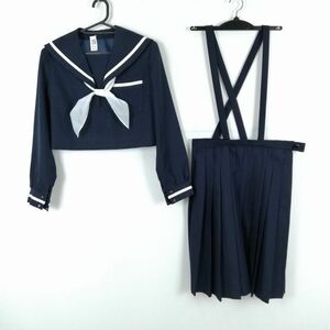 1 jpy sailor suit skirt scarf top and bottom 3 point set winter thing white 1 pcs line woman school uniform middle . high school navy blue uniform used rank C NA7885