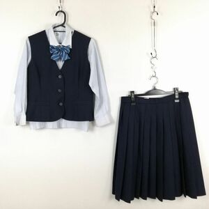 1円 ベスト スカート 紐タイ 上下4点セット 冬物 女子 学生服 中学 高校 紺 制服 中古 ランク:C EY9287