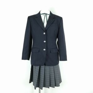 1円 ブレザー チェックスカート 紐タイ 上下4点セット トンボ 冬物 女子 学生服 中学 高校 紺 制服 中古 ランクB NA8159