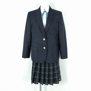 1円 ブレザー チェックスカート 紐タイ 上下4点セット 冬物 女子 学生服 中学 高校 紺 制服 中古 ランクC NA8387