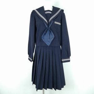 1円 セーラー服 スカート スカーフ 上下3点セット 大きいサイズ 冬物 白3本線 女子 学生服 中学 高校 紺 制服 中古 ランクC NA8609