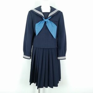 1円 セーラー服 スカート スカーフ 上下3点セット ELLE 冬物 白3本線 女子 学生服 中学 高校 紺 制服 中古 ランクC NA8804