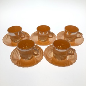 **[1 jpy start ] Fire King Fire King cup & saucer pi-chi luster Royal C&S 5 customer set orange series a little scratch . dirt equipped 