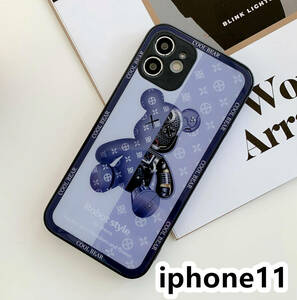 iphone11ケース カーバー TPU 可愛い　熊　ガラス　お洒落　軽量 ケース 耐衝撃高品質ブルー486