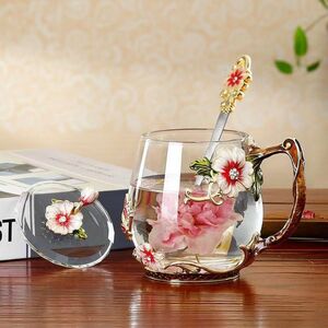 花マグカップ　紅茶　ガラスグラス　蓋　スプーン付き　お祝いギフト　セット　レッド マグカップ ティーカップ　エスプレッソ　かき氷
