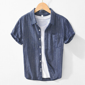 半袖シャツ　コットンシャツ　カジュアルシャツ　サマーシャツ　海シャツ　ストライプ　トップス【L2055】紺色　L