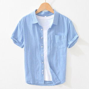 半袖シャツ　コットンシャツ　カジュアルシャツ　サマーシャツ　海シャツ　ストライプ　トップス【L2055】ブルー　XL