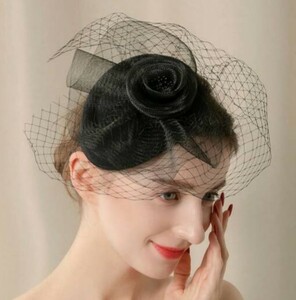 新品結婚式冠婚葬祭コスプレウエディングハットトーク帽子カクテル帽子ヘッドドレスベール黒ブラック4