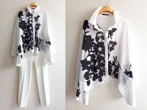 Le-Fluy /re*f Louis ako-re flexible cotton watercolor flower stylish design blouse easy M/ white 