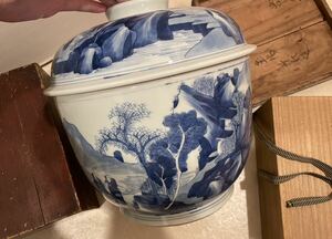  China fine art Kiyoshi era? blue and white ceramics tea ceremony water jar . tea utensils old thing 