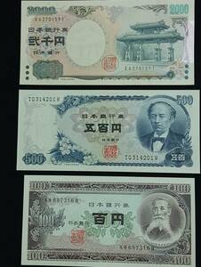 旧紙幣　現行　二千円札、五百円札、百円札の3枚セットです、ほぼ未使用