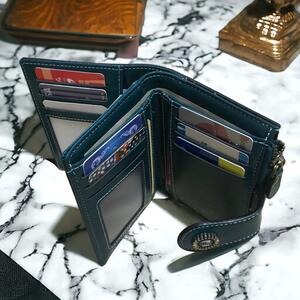 大容量 三つ折り財布 コンパクト財布 メンズ レディース カード 小銭入れ 青