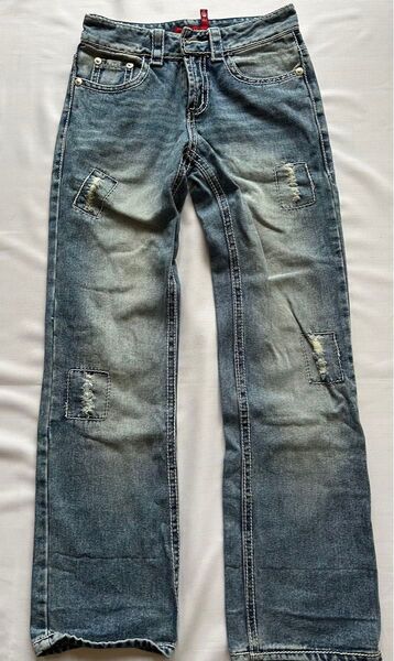 BLUE AREA JEANSダメージ加工 リメイク風ストレートデニム27インチ B & A