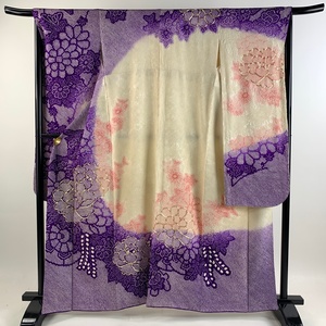  long-sleeved kimono length 162cm sleeve length 67.5cm L....... flower aperture stop gold thread purple silk preeminence goods [ used ]