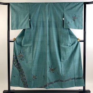  tsukesage length 152.5cm sleeve length 62cm S. Ooshima pongee ground proof paper . flower .. embroidery green silk preeminence goods [ used ]