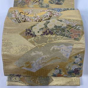 袋帯 秀品 華の舞 ますいわ屋 扇面 草花 金糸 箔 金色 六通 正絹 【中古】