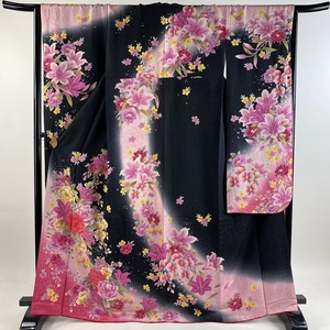  long-sleeved kimono length 167cm sleeve length 66.5cm M.. flower . gold silver . black silk name goods [ used ]