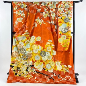  long-sleeved kimono length 177cm sleeve length 64cm M. human national treasure Haneda .. man .. cotton tailoring .. flower car . gold thread gold paint orange silk excellent article [ used ]