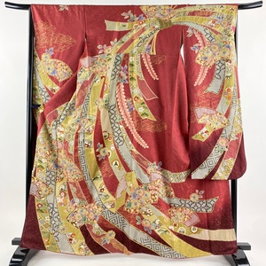  long-sleeved kimono length 163.5cm sleeve length 65cm M. fan paper .. floral print gold through . gold paint . color silk beautiful goods excellent article [ used ]