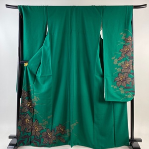  long-sleeved kimono length 167.5cm sleeve length 69.5cm L.. flower gold paint green silk beautiful name of product goods [ used ]