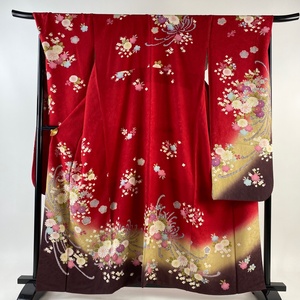  long-sleeved kimono length 160.5cm sleeve length 70.5cm L.. flower embroidery . red silk beautiful name of product goods [ used ]