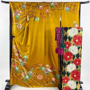  long-sleeved kimono length 167cm sleeve length 68cm L. double-woven obi full set ... gold thread gold paint mountain blow tea color silk beautiful goods preeminence goods [ used ]