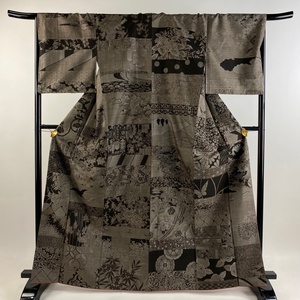 紬 身丈167cm 裄丈68cm L 袷 鶴 草花 焦茶色 正絹 美品 名品 【中古】