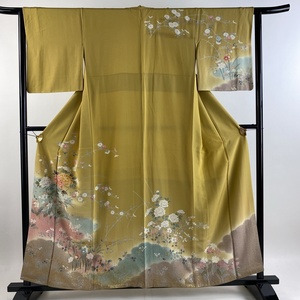 訪問着 身丈157.5cm 裄丈63cm S 袷 草花 雲文 金銀彩 からし色 正絹 秀品 【中古】