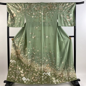 訪問着 身丈162cm 裄丈67.5cm L 袷 草花 七宝 金糸 金銀彩 薄緑 正絹 秀品 【中古】