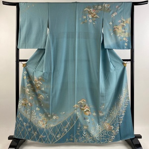 訪問着 身丈161.5cm 裄丈63cm S 袷 貝桶 松竹梅 金彩 ぼかし 青灰色 正絹 美品 優品 【中古】