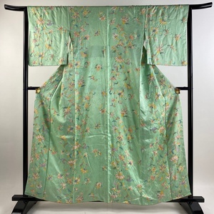 小紋 身丈159cm 裄丈66cm M 袷 草花 地紋 金彩 絞り 薄緑 正絹 美品 優品 【中古】