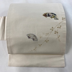 名古屋帯 美品 秀品 扇面 萩 刺繍 箔 クリーム 正絹 【中古】