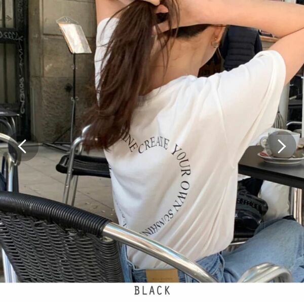 バッグプリント ロゴハートTシャツ 韓国ファッション ブラック