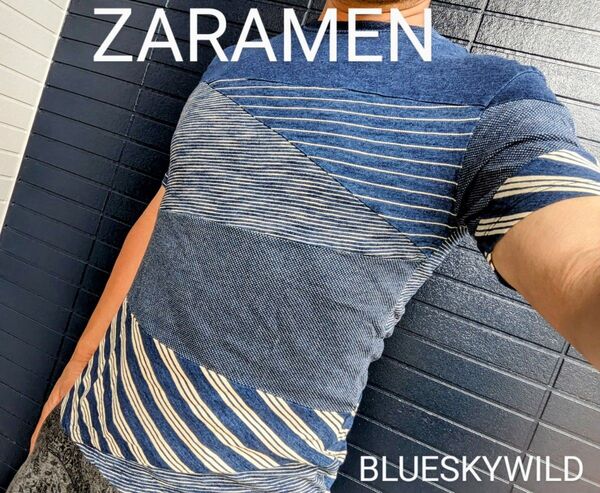 ZARAMEN青を灯せブルーデニムスタイルワイルドボーダーストライプ柄tシャツ