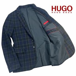 極美品 HUGO HUGO BOSS ヒューゴボス 赤タグ 2Bテーラードジャケット サイズ48/L-XL相当 ネイビー ブラック チェック柄 ポーランド製 A2516