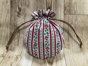 巾着袋 巾着　つる草　花　植物　ストライプ　丸底　ハンドメイド ミニ巾着 drawstring bag handcrafted