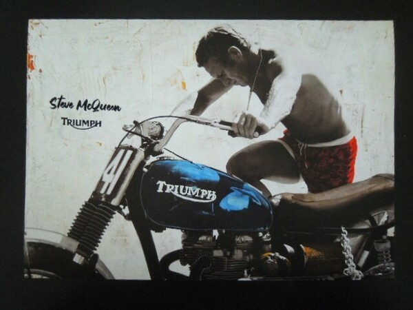 A4 額付き ポスター Steve McQueen スティーブマックイーン Triumph バイク キック スタート 絵 アート 