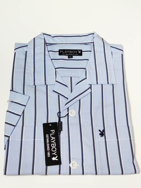 PLAYBOY 半袖 Mサイズ カジュアルシャツ オープンカラー ストライプ 新品 綿100% 22PB001M-1