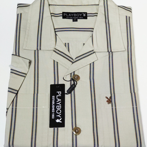PLAYBOY 半袖 Mサイズ カジュアルシャツ オープンカラー ストライプ 新品 綿100% 22PB001M-2
