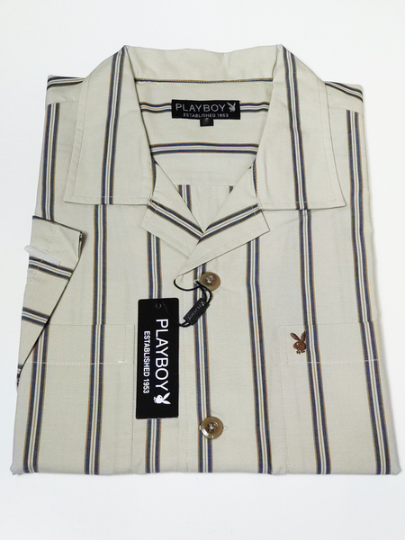 PLAYBOY 半袖 Lサイズ カジュアルシャツ オープンカラー ストライプ 新品 綿100% 22PB001M-2