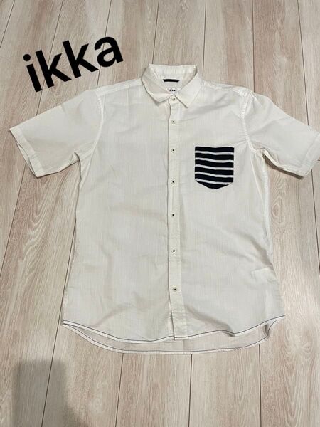 ikka イッカ 半袖シャツ 白シャツ ポケット付き ボーダー XL